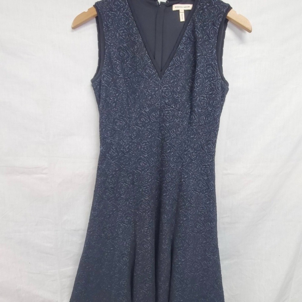 Rebecca Taylor Navy Textured V-Neck Midi Dress